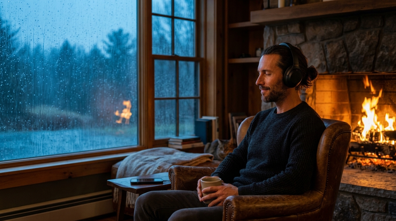 Man embracing melancholy by fireplace — blissipline and emotional mastery in practice Man embracing melancholy by fireplace — blissipline and emotional mastery in practice
