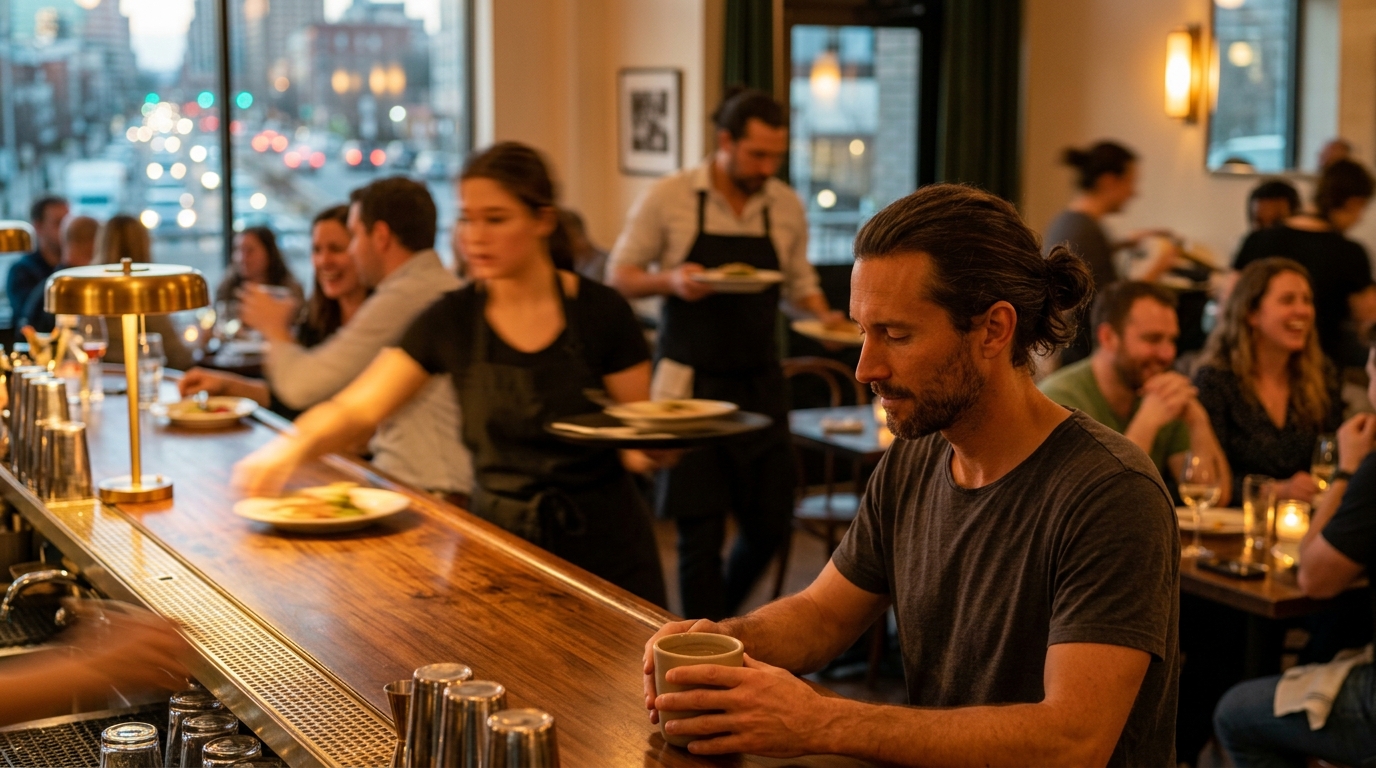 Man calmly tipping waitress 50% in busy post-pandemic restaurant — compassion practice in action Man calmly tipping waitress 50% in busy post-pandemic restaurant — compassion practice in action