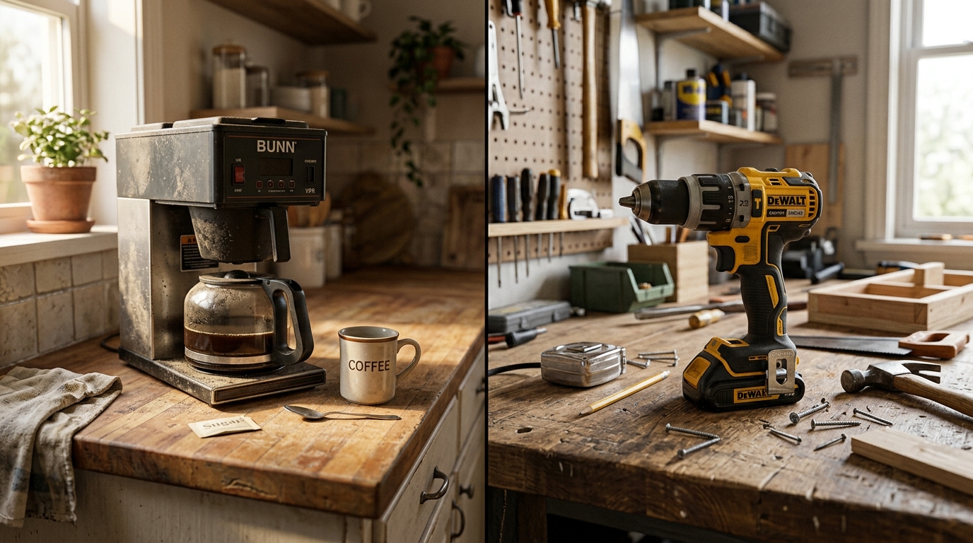 Coffee maker and electric drill visual metaphor — daily meditation vs. problem-solving meditation Coffee maker and electric drill visual metaphor — daily meditation vs. problem-solving meditation