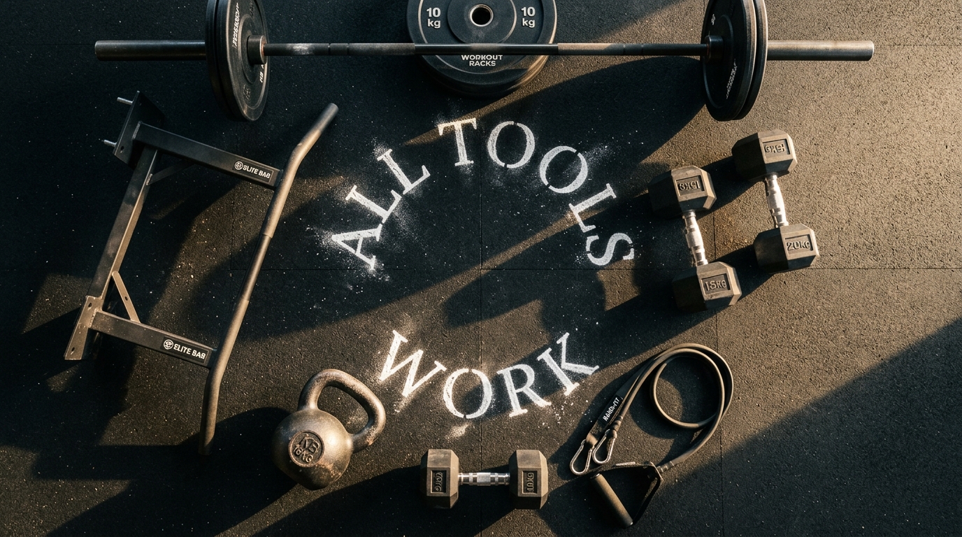 Assortment of fitness equipment showing all tools build muscle with proper tension Assortment of fitness equipment showing all tools build muscle with proper tension