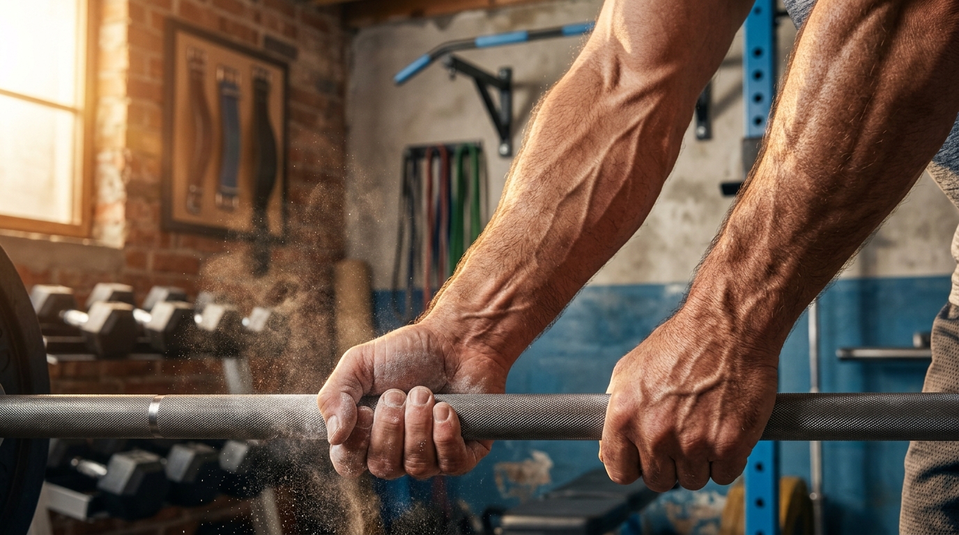 Man gripping barbell with chalk dust in home gym for muscle building Man gripping barbell with chalk dust in home gym for muscle building