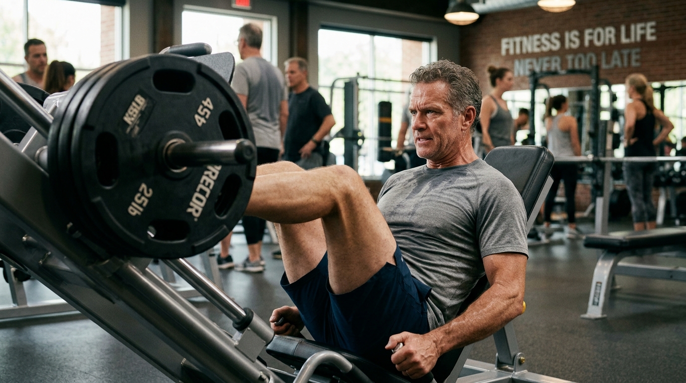 Older man training close to failure on leg press demonstrating lifelong fitness Older man training close to failure on leg press demonstrating lifelong fitness