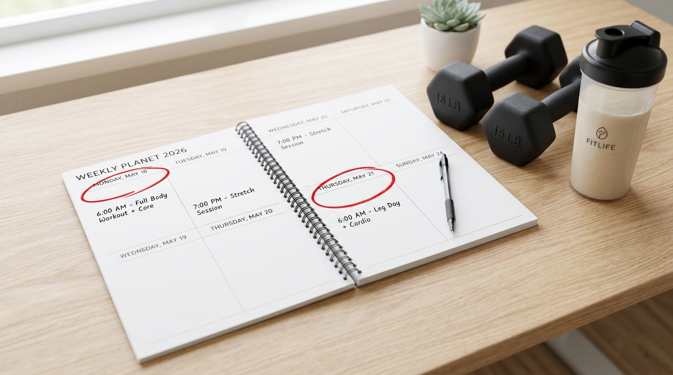 Weekly calendar with two workout days circled for full-body training schedule Weekly calendar with two workout days circled for full-body training schedule