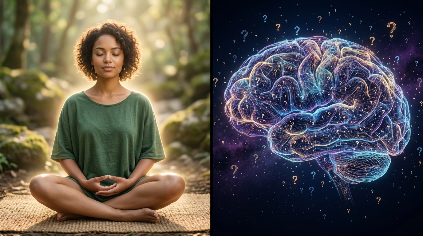 Split image showing meditation on one side and a glowing neural network on the other, representing the mystery of consciousness. Split image showing meditation on one side and a glowing neural network on the other, representing the mystery of consciousness.