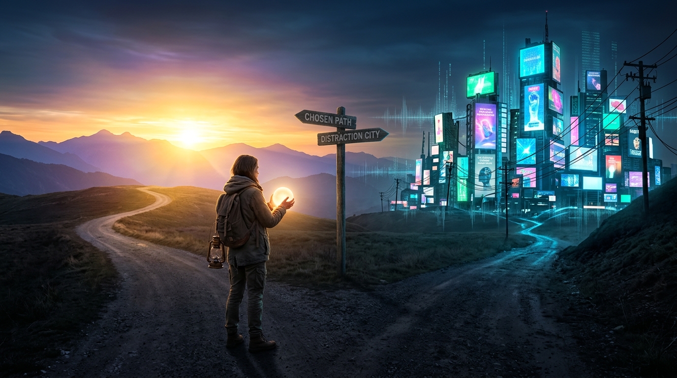 A person at a crossroads at dawn holding a glowing orb, choosing between a peaceful sunrise and a distracting city, representing consciousness sovereignty. A person at a crossroads at dawn holding a glowing orb, choosing between a peaceful sunrise and a distracting city, representing consciousness sovereignty.