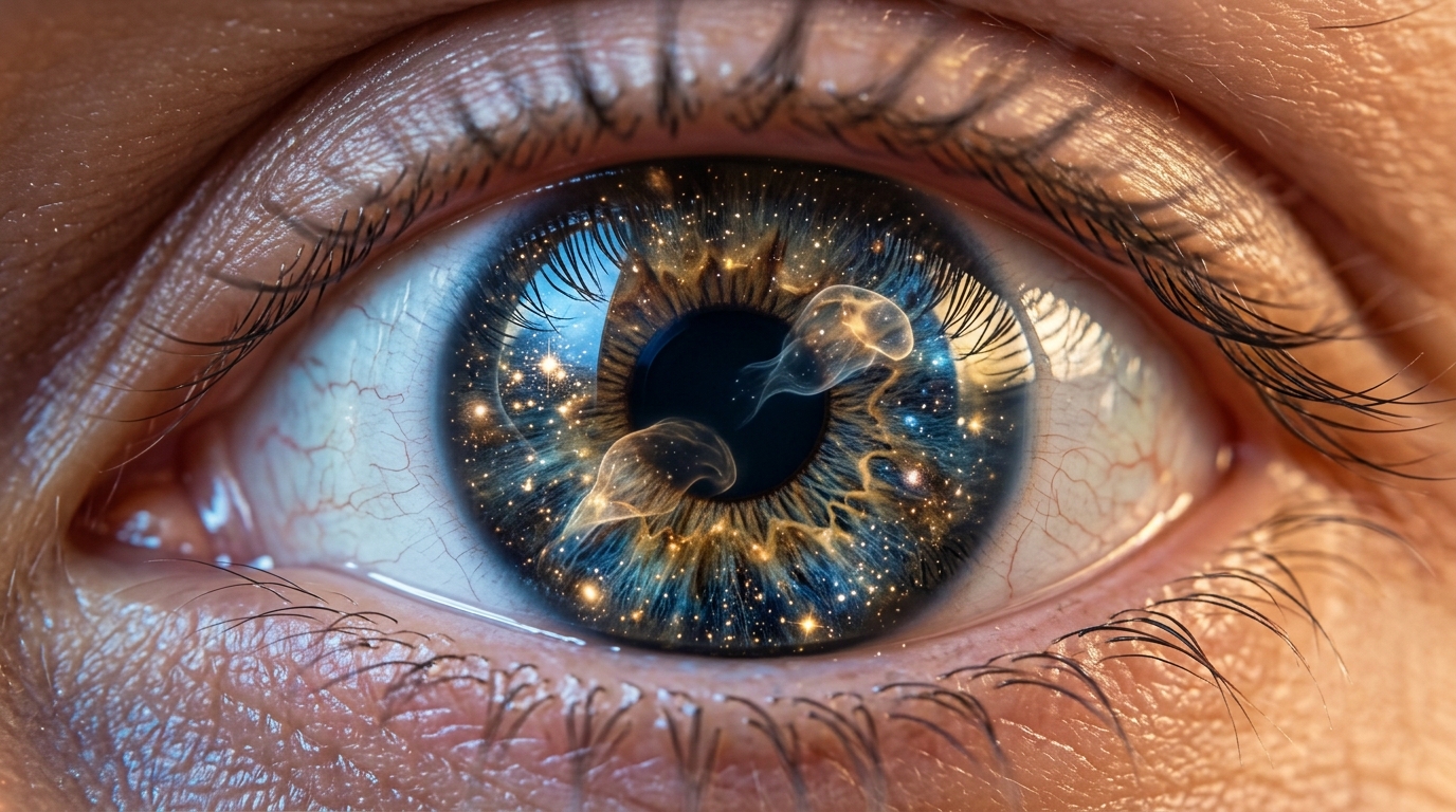 Close-up of a human eye reflecting a cosmos, symbolizing the vastness of consciousness within us. Close-up of a human eye reflecting a cosmos, symbolizing the vastness of consciousness within us.