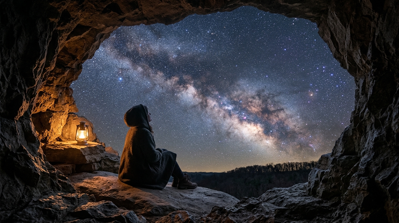 A person sitting at a cave entrance under a brilliant starry sky, representing the dissolving of self and wonder at consciousness. A person sitting at a cave entrance under a brilliant starry sky, representing the dissolving of self and wonder at consciousness.