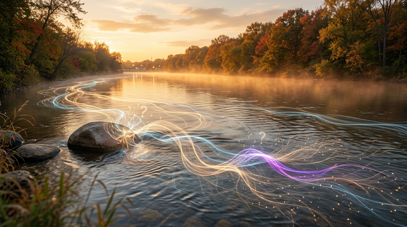 A flowing river with glowing threads of light, representing William James' stream of consciousness. A flowing river with glowing threads of light, representing William James' stream of consciousness.