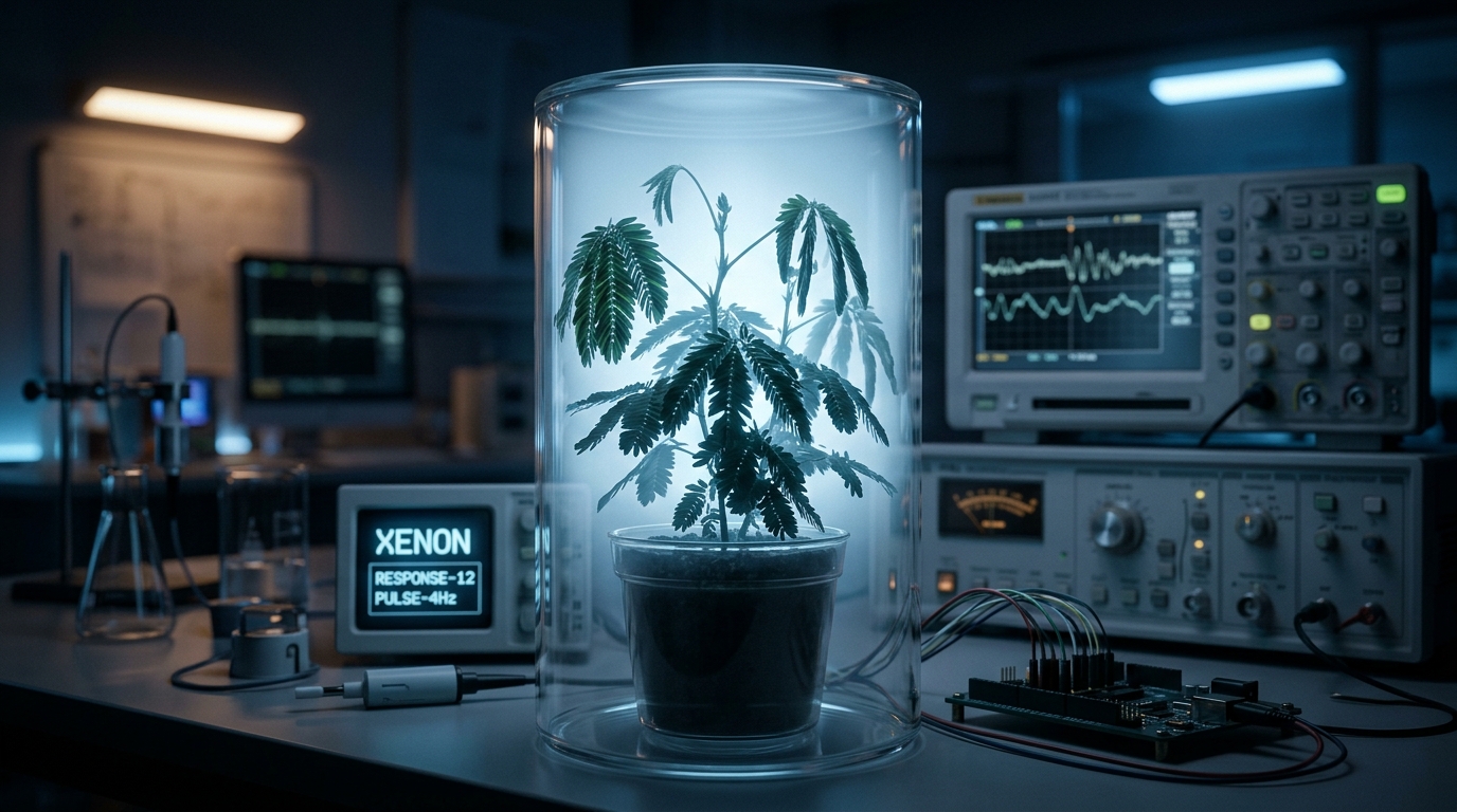 A Mimosa pudica plant in a laboratory chamber under soft glowing light, appearing to sleep, representing plant sentience research. A Mimosa pudica plant in a laboratory chamber under soft glowing light, appearing to sleep, representing plant sentience research.