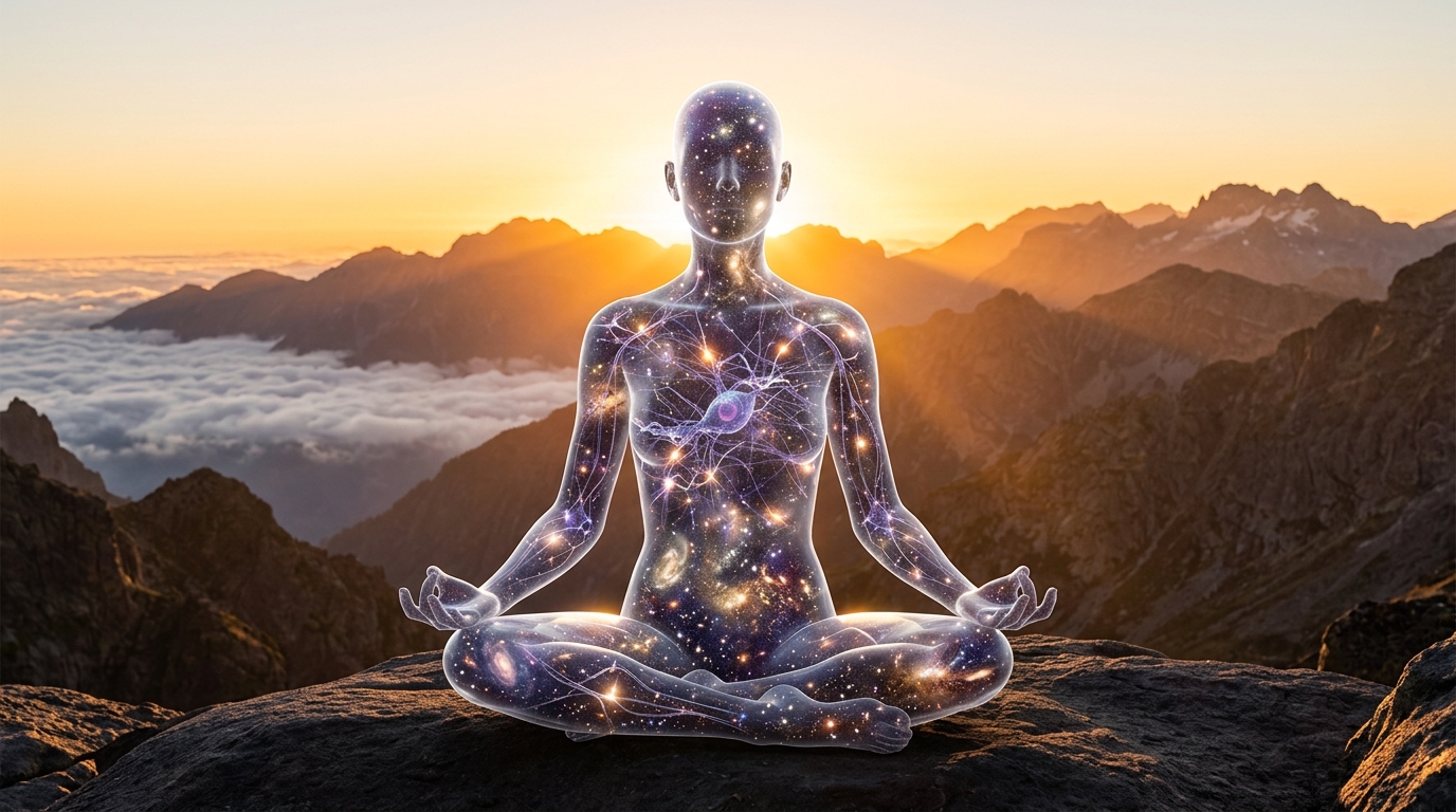 Meditating person with inner universe representing self-awareness Meditating person with inner universe representing self-awareness