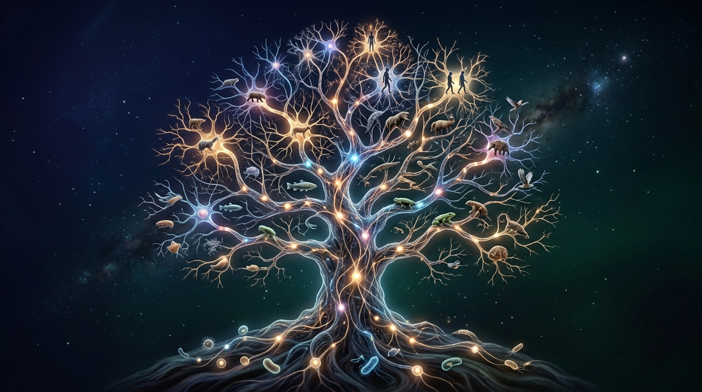 Evolutionary tree of consciousness showing neural pathways across species Evolutionary tree of consciousness showing neural pathways across species