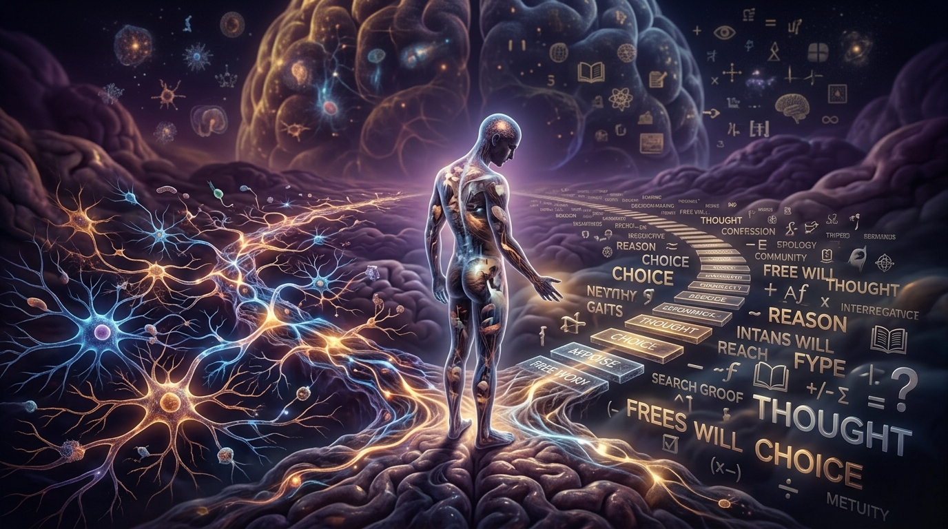 Human figure at crossroads of neural pathways and conscious choice representing free will Human figure at crossroads of neural pathways and conscious choice representing free will
