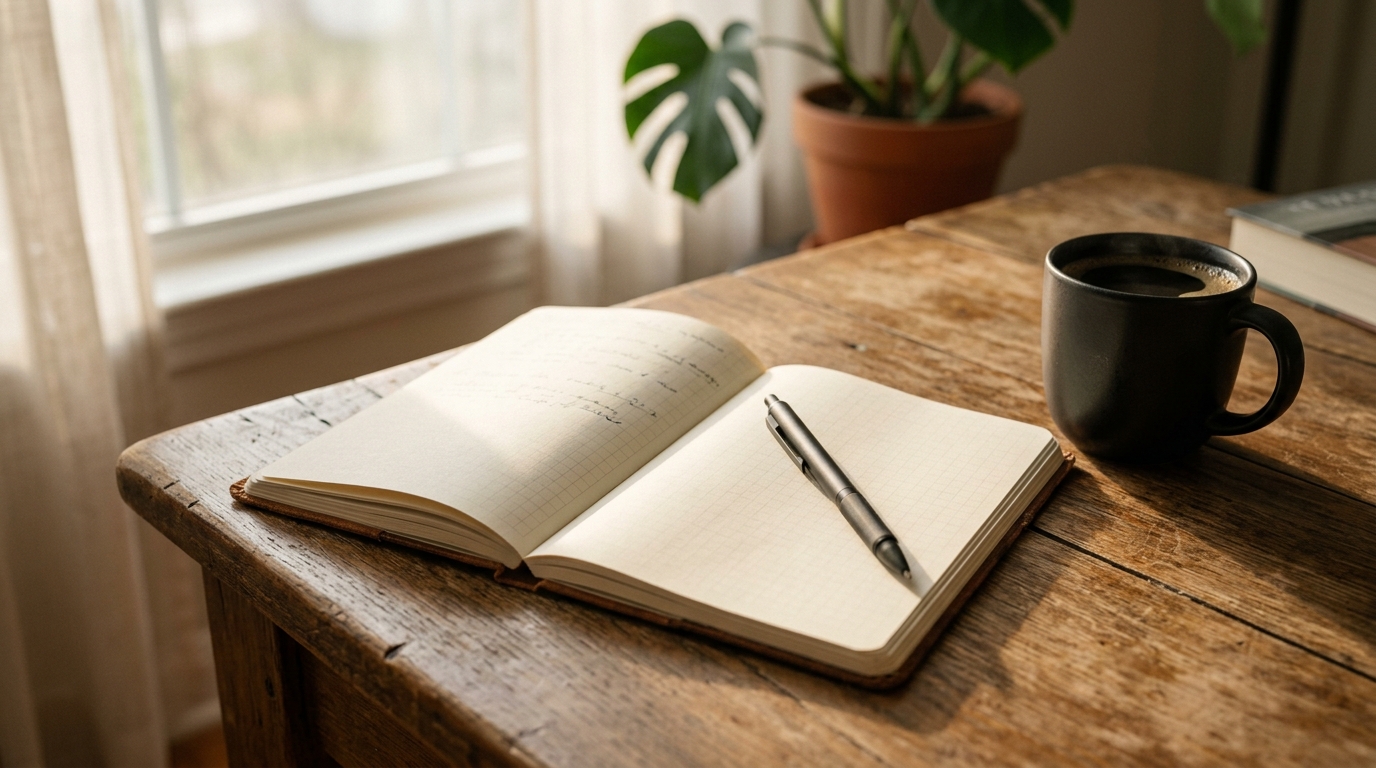 Morning journal and coffee setup representing the daily practice of self-reflection and accountability.