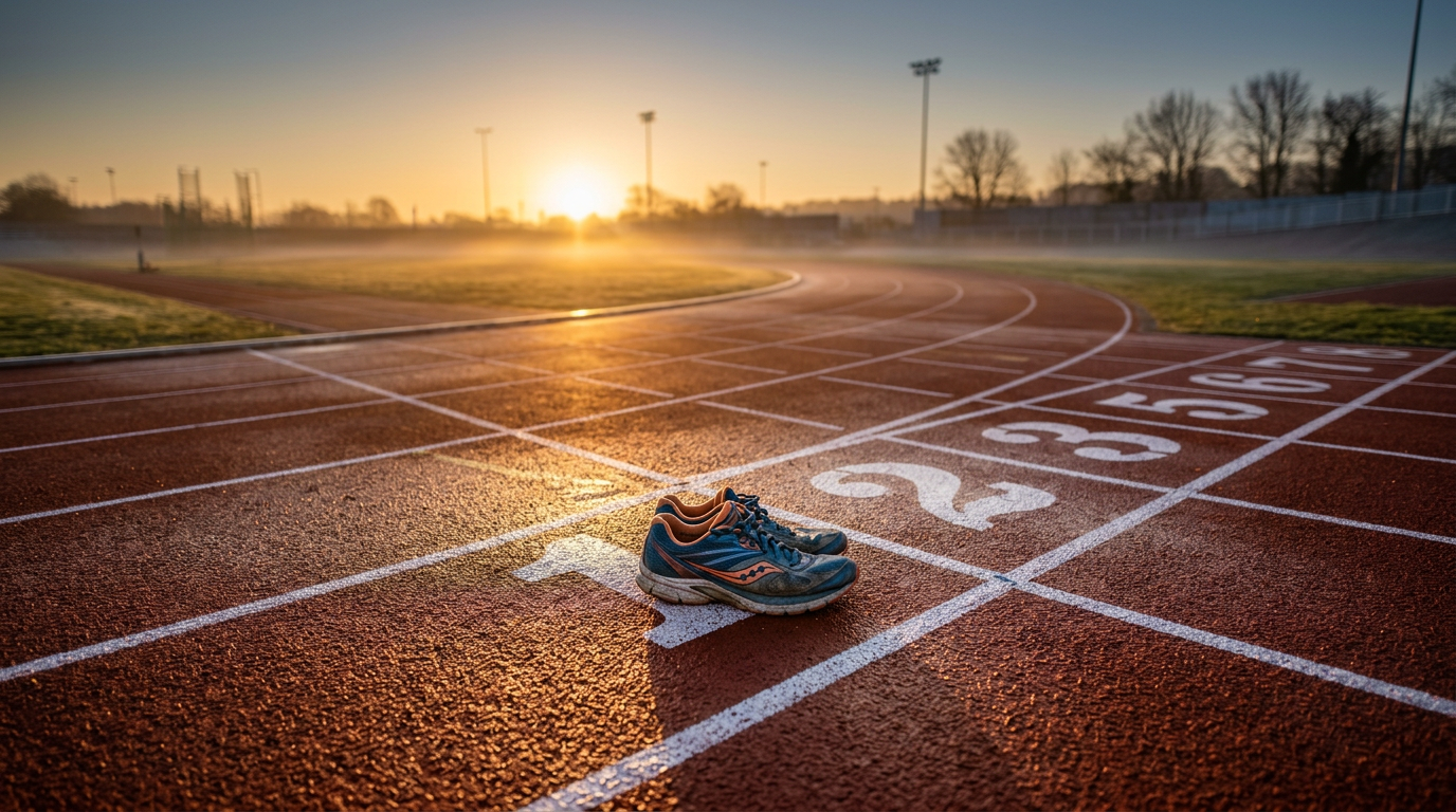 Running shoes at the starting line at dawn symbolizing the decision to override your limits.