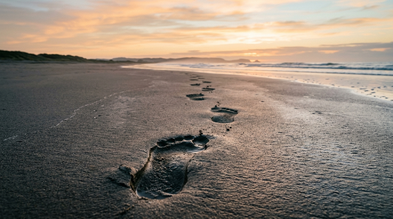 Footprints in wet sand showing the power of taking the first behavioral step.