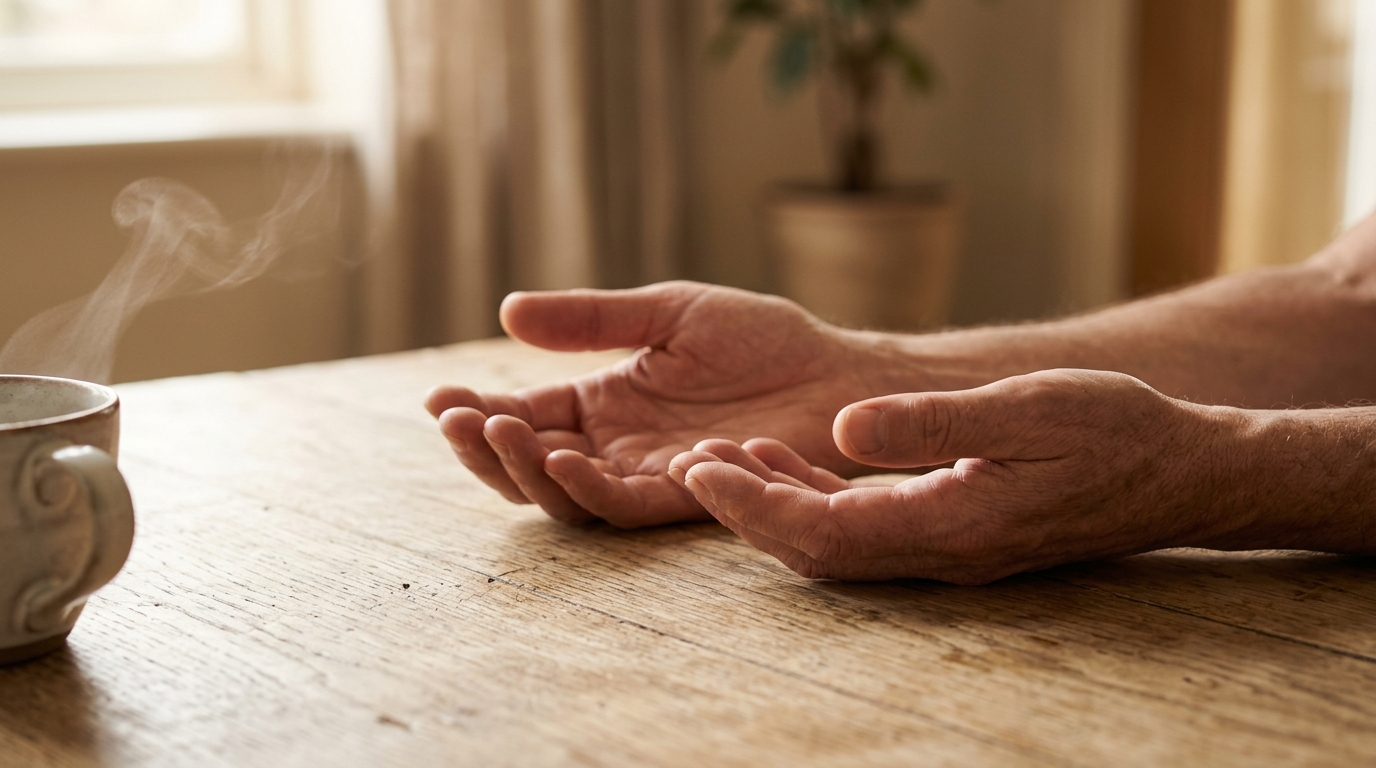 Still hands resting on a table in morning light, representing the trained habit of presence.