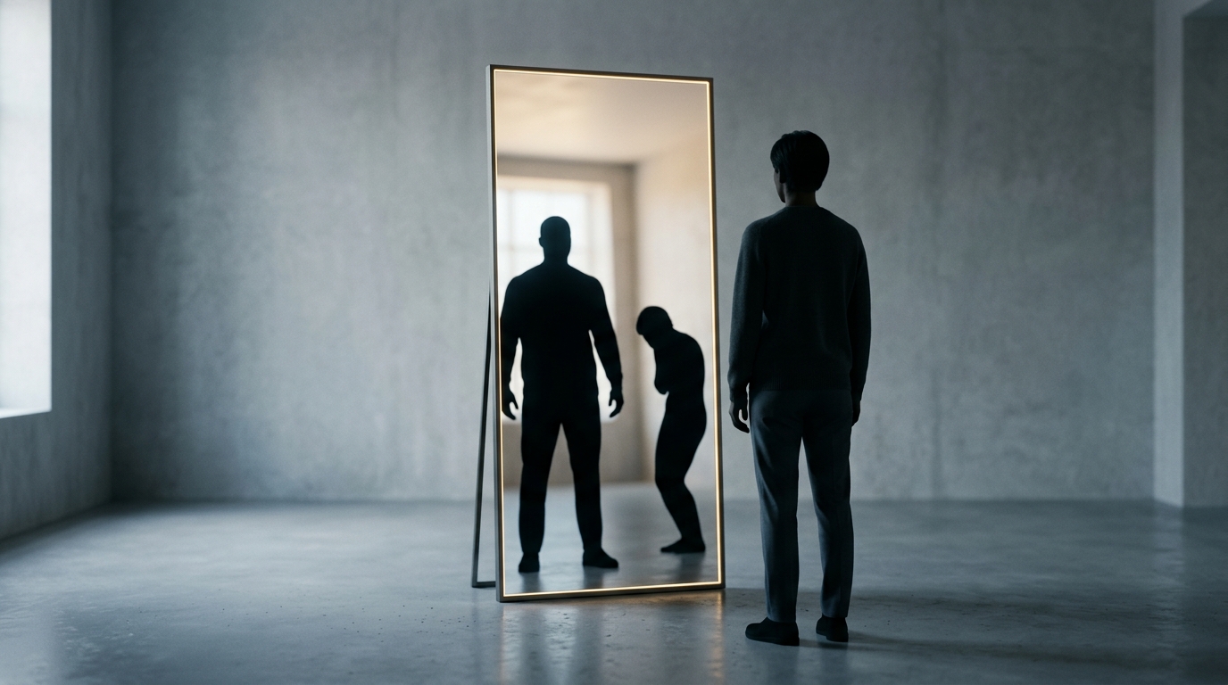 A mirror reflecting two versions of the same person—your potential versus your current self.
