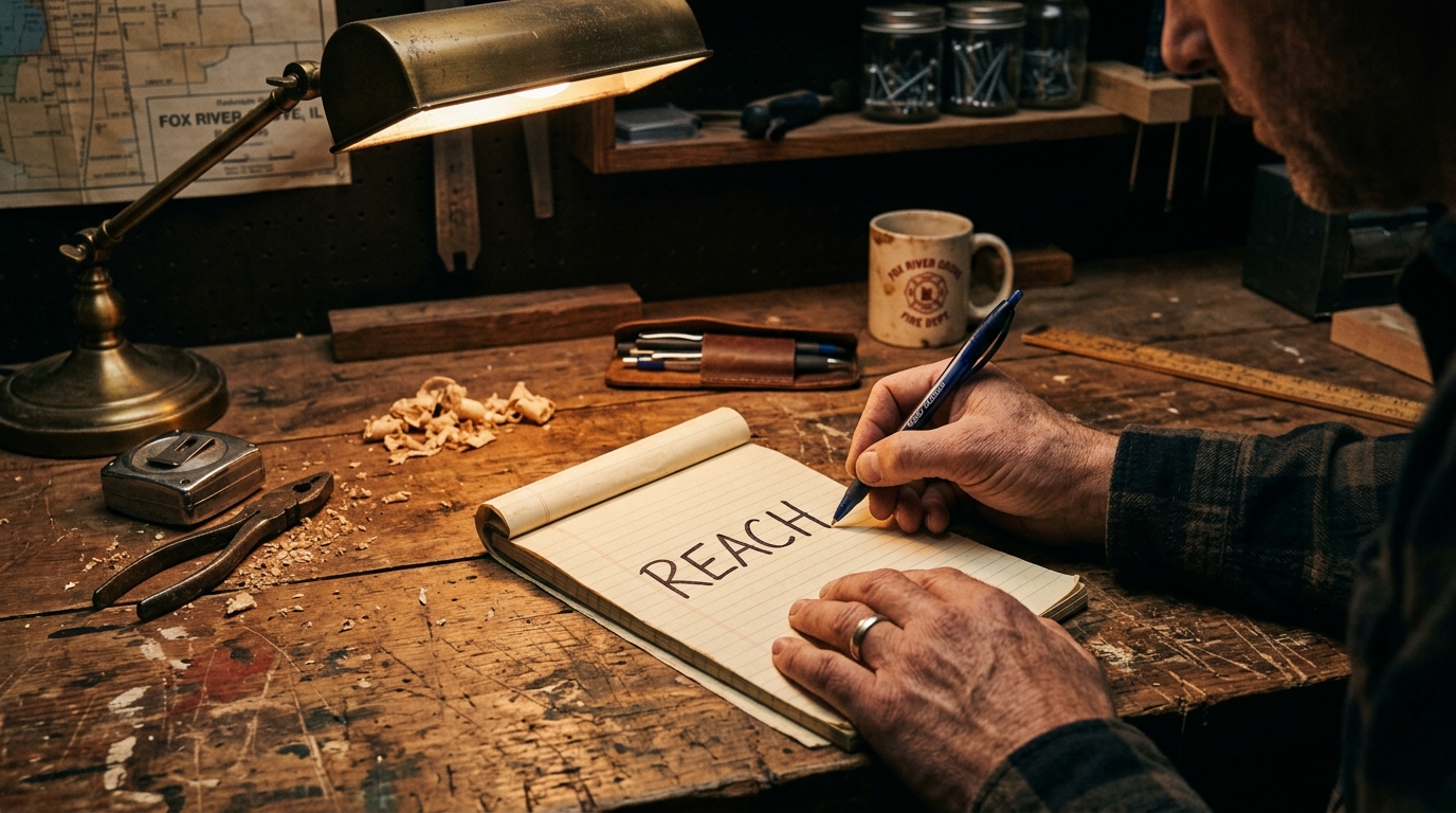 A hand writing the word 'REACH' on a notepad.