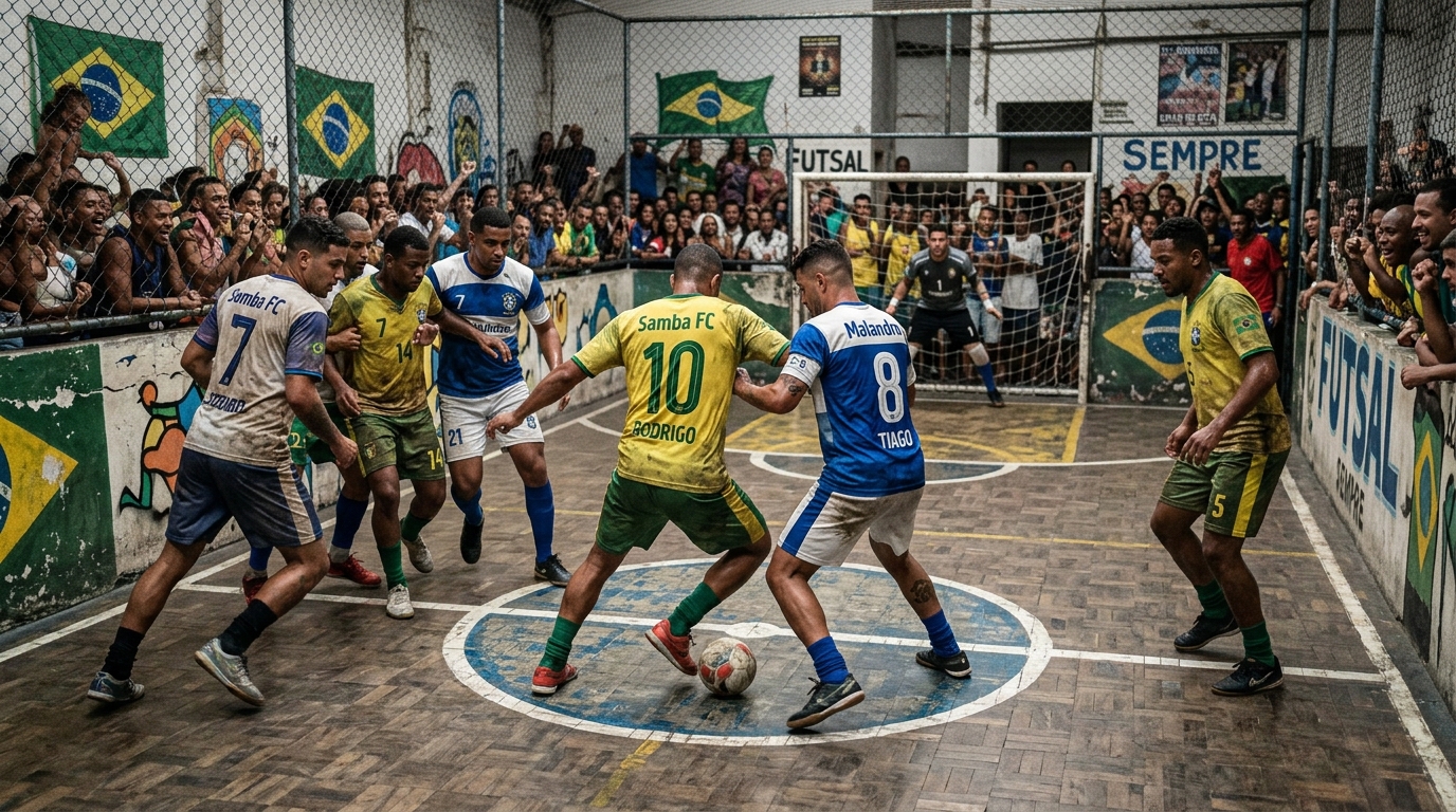 A small-sided futsal game being played on a tight, worn indoor court.