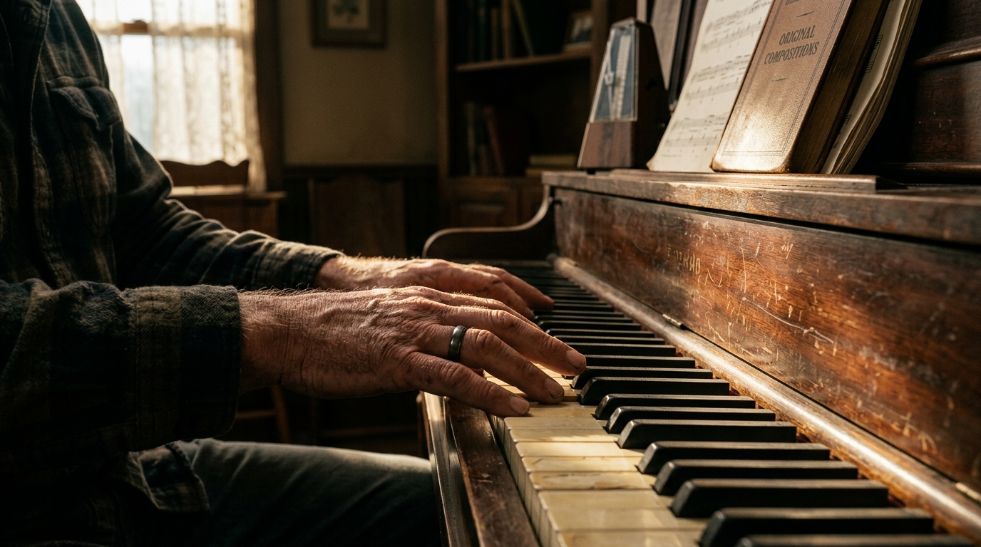 A close-up of a musician's hands resting on piano keys in the morning light.