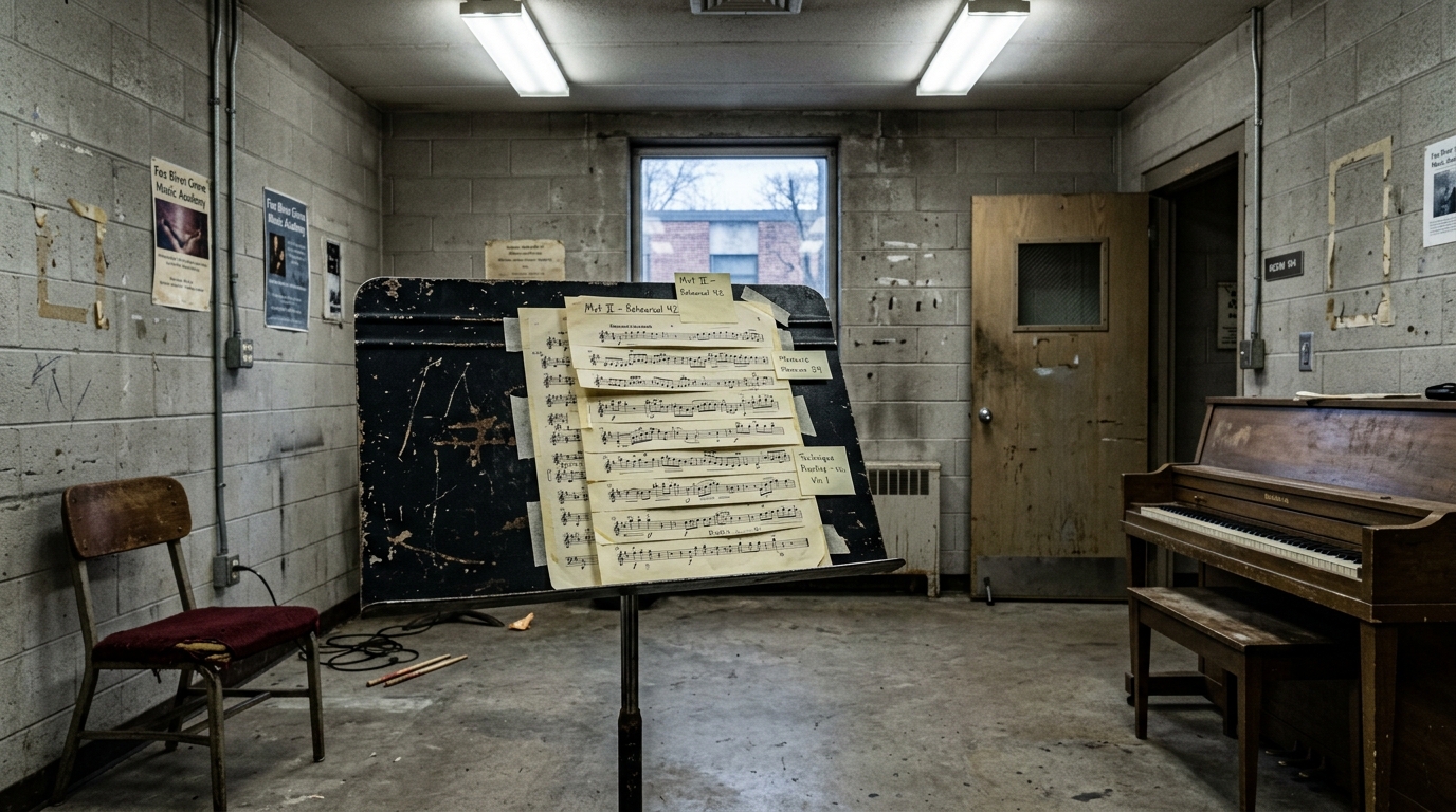A spartan music practice room with cut-up sheet music on a stand.
