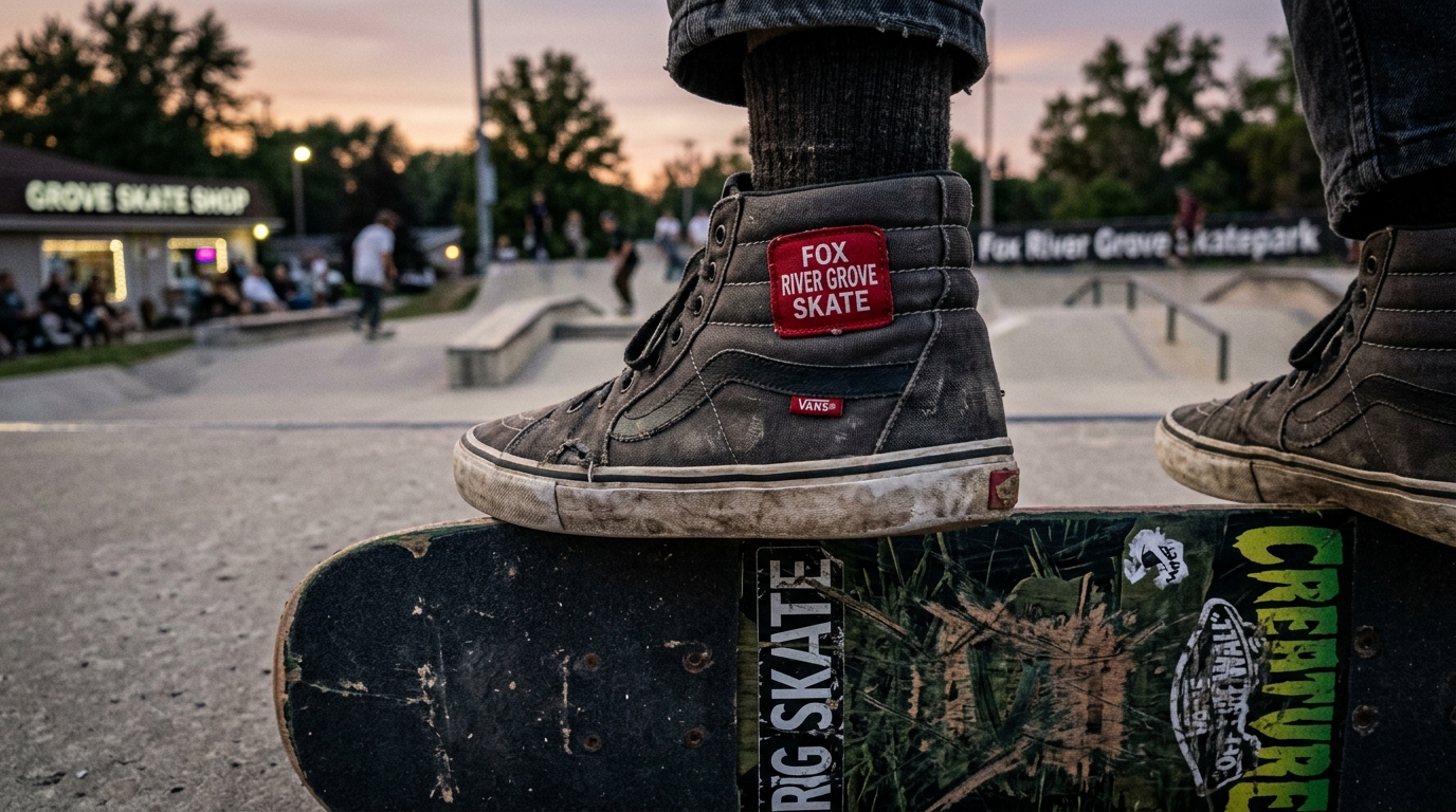 A close-up of a skateboarder's worn sneakers on a skateboard deck.