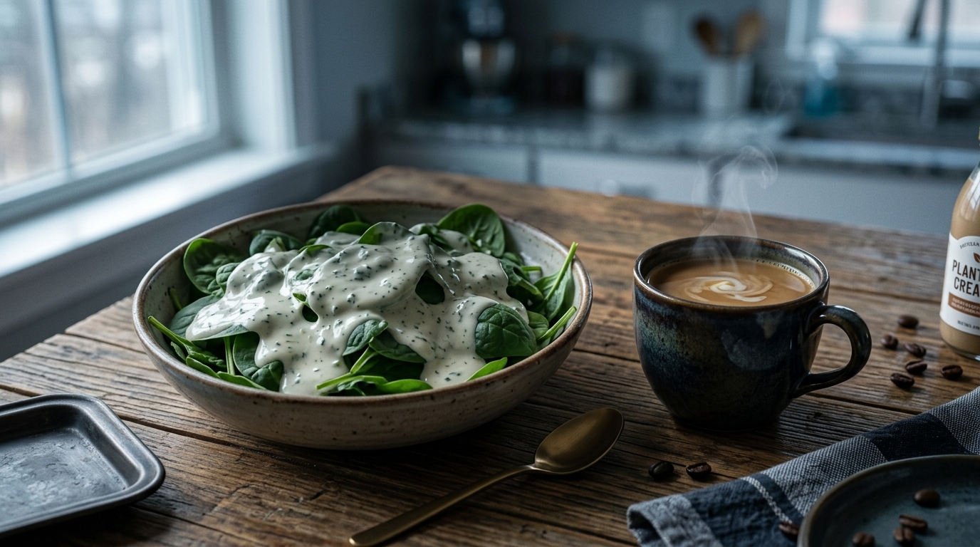 Breakfast scene with spinach salad and coffee creamer with subtle warning undertones Breakfast scene with spinach salad and coffee creamer with subtle warning undertones
