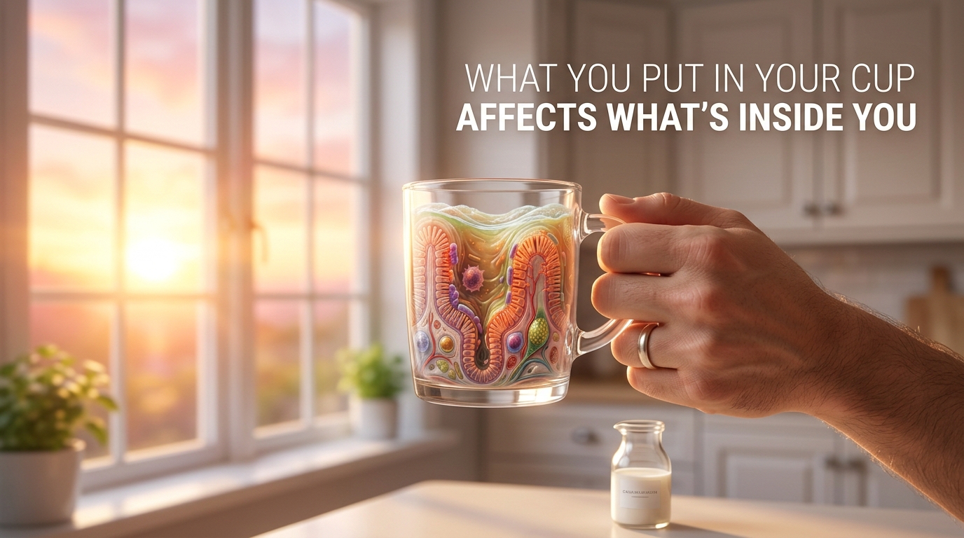 Hand holding coffee mug with transparent view of healthy gut lining inside, sunrise background Hand holding coffee mug with transparent view of healthy gut lining inside, sunrise background