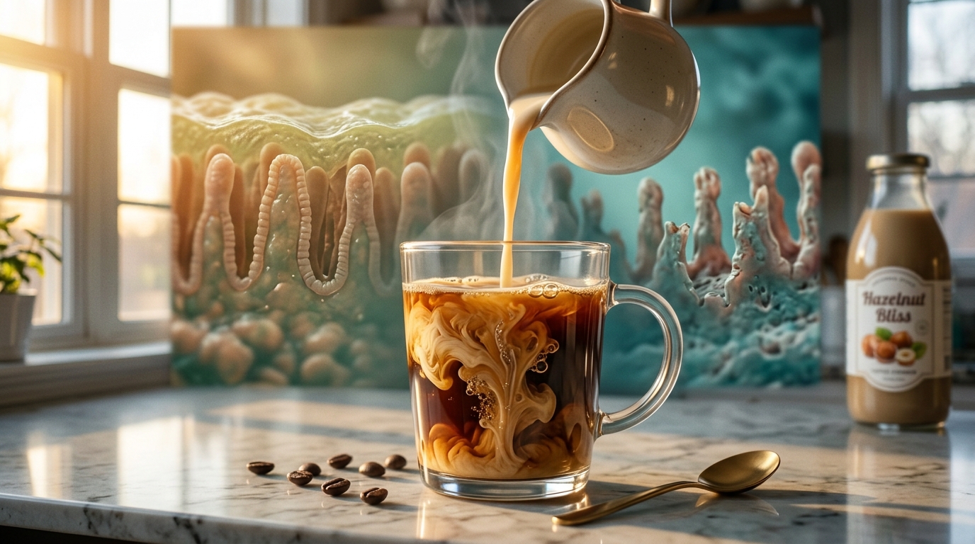 Coffee creamer swirling into cup with microscopic gut lining comparison in background Coffee creamer swirling into cup with microscopic gut lining comparison in background