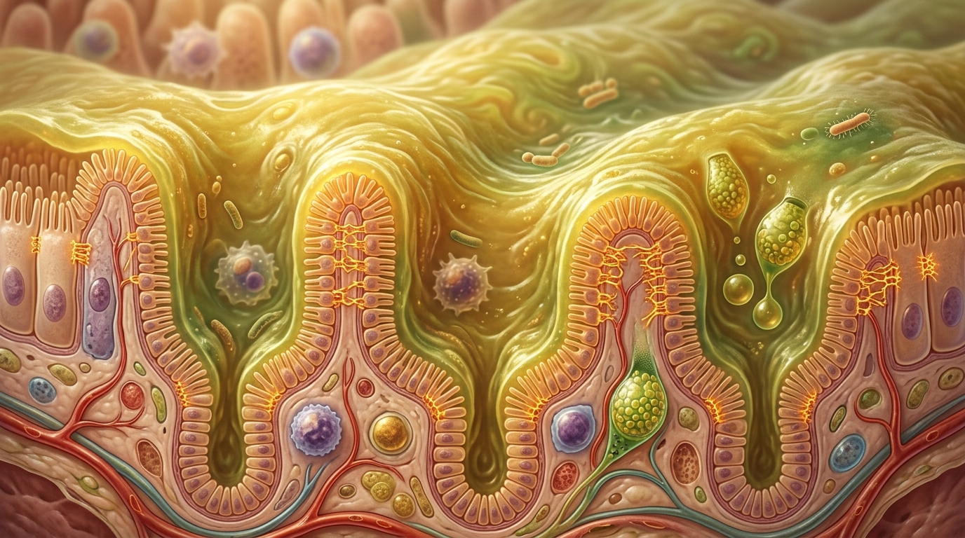 Microscopic view of healthy gut lining with thick protective mucus layer Microscopic view of healthy gut lining with thick protective mucus layer