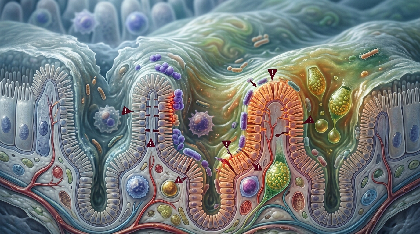 Microscopic view of damaged gut lining with stripped mucus layer and bacteria contact Microscopic view of damaged gut lining with stripped mucus layer and bacteria contact