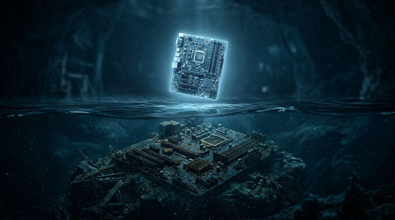A clean circuit board floating above a submerged one, symbolizing replacing an old operating system. A clean circuit board floating above a submerged one, symbolizing replacing an old operating system.