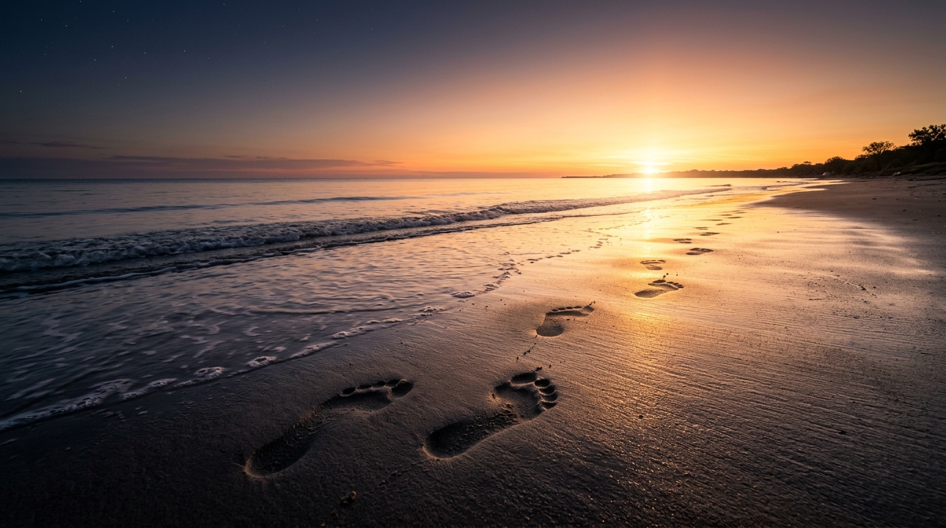 Footprints in sand leading from darkness into sunrise light, representing the next move toward a new identity. Footprints in sand leading from darkness into sunrise light, representing the next move toward a new identity.