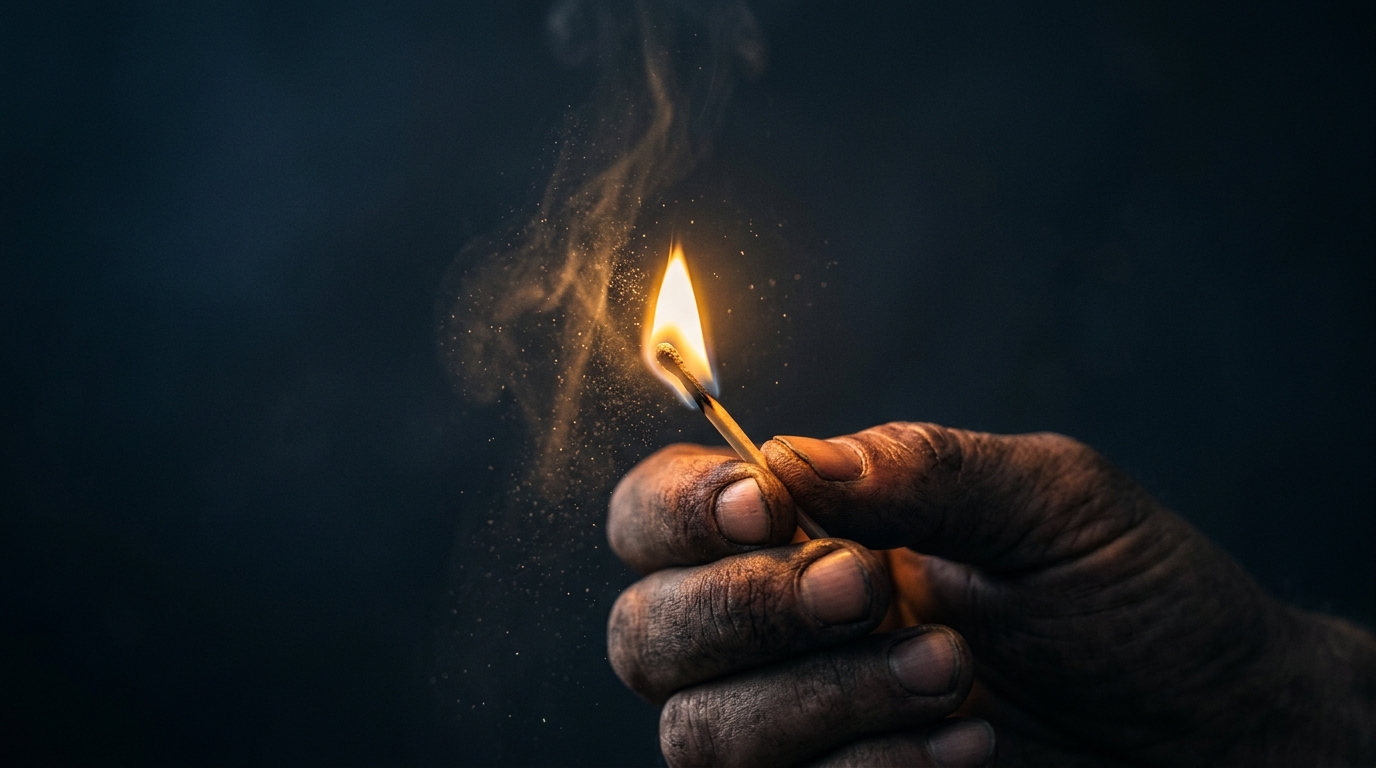 A lit match glowing in a dark room, symbolizing awareness breaking through old conditioning. A lit match glowing in a dark room, symbolizing awareness breaking through old conditioning.