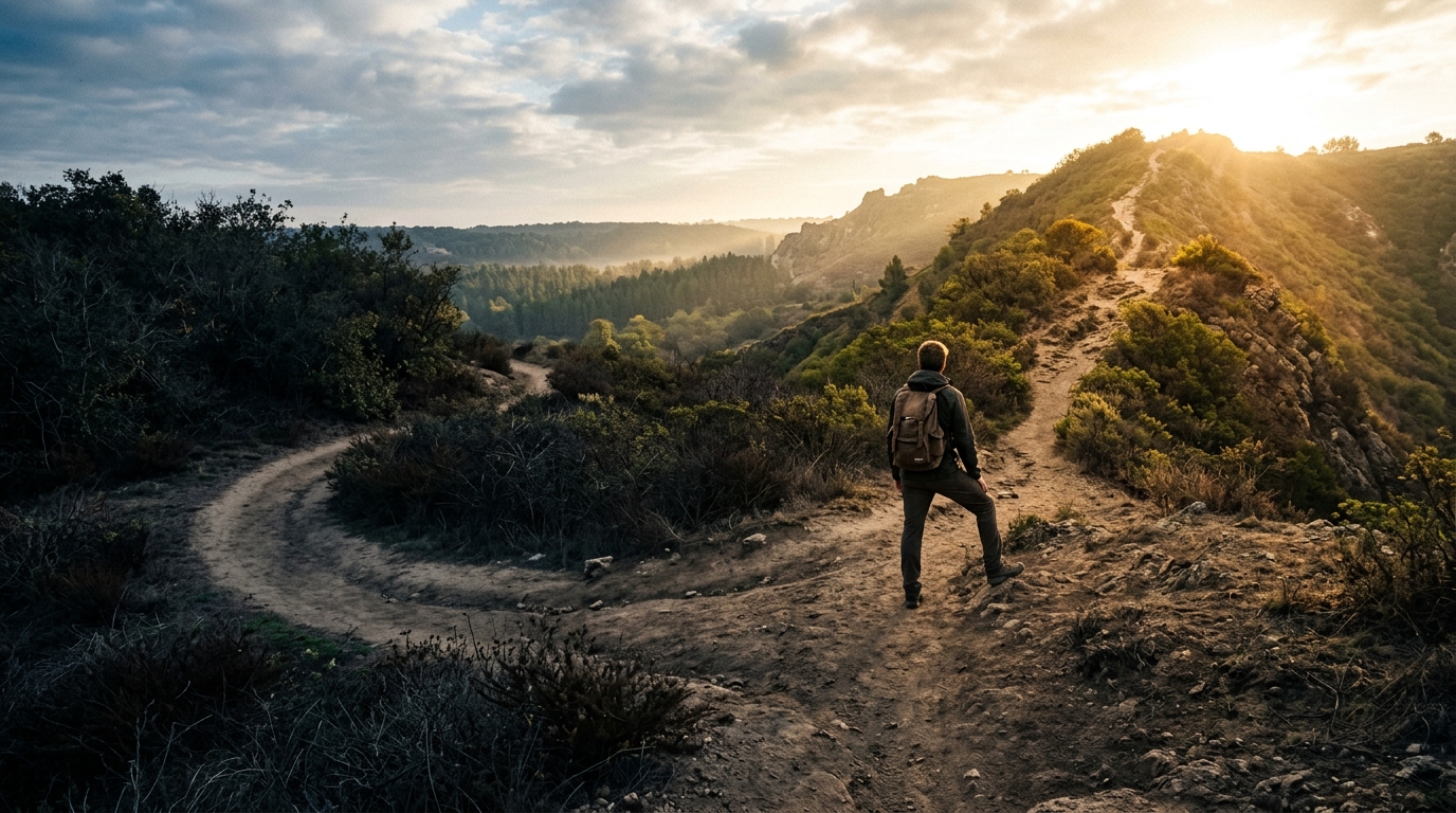 A hiker at a fork in the trail, weight shifted toward the uphill path, representing the choice to set goals from who you are becoming. A hiker at a fork in the trail, weight shifted toward the uphill path, representing the choice to set goals from who you are becoming.