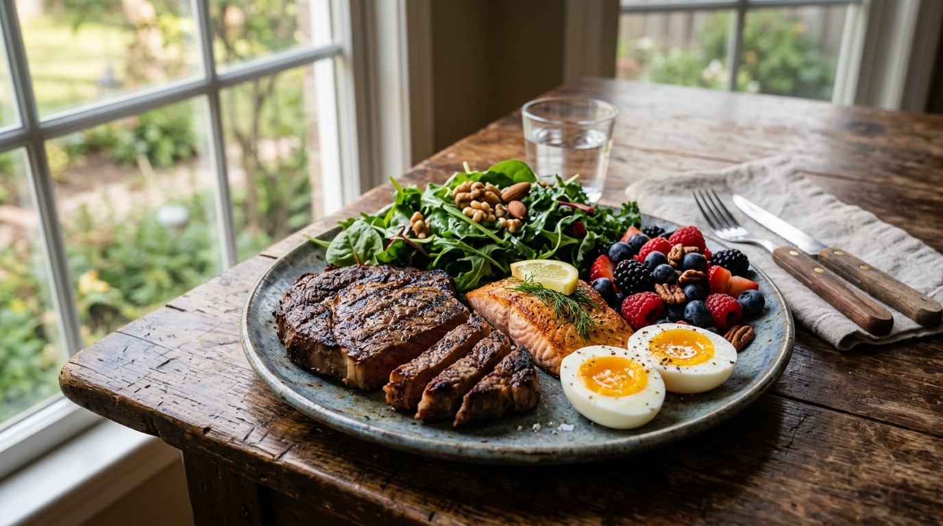 Whole foods plate — meat, fish, eggs, greens, and nuts — the foundation of metabolic flexibility