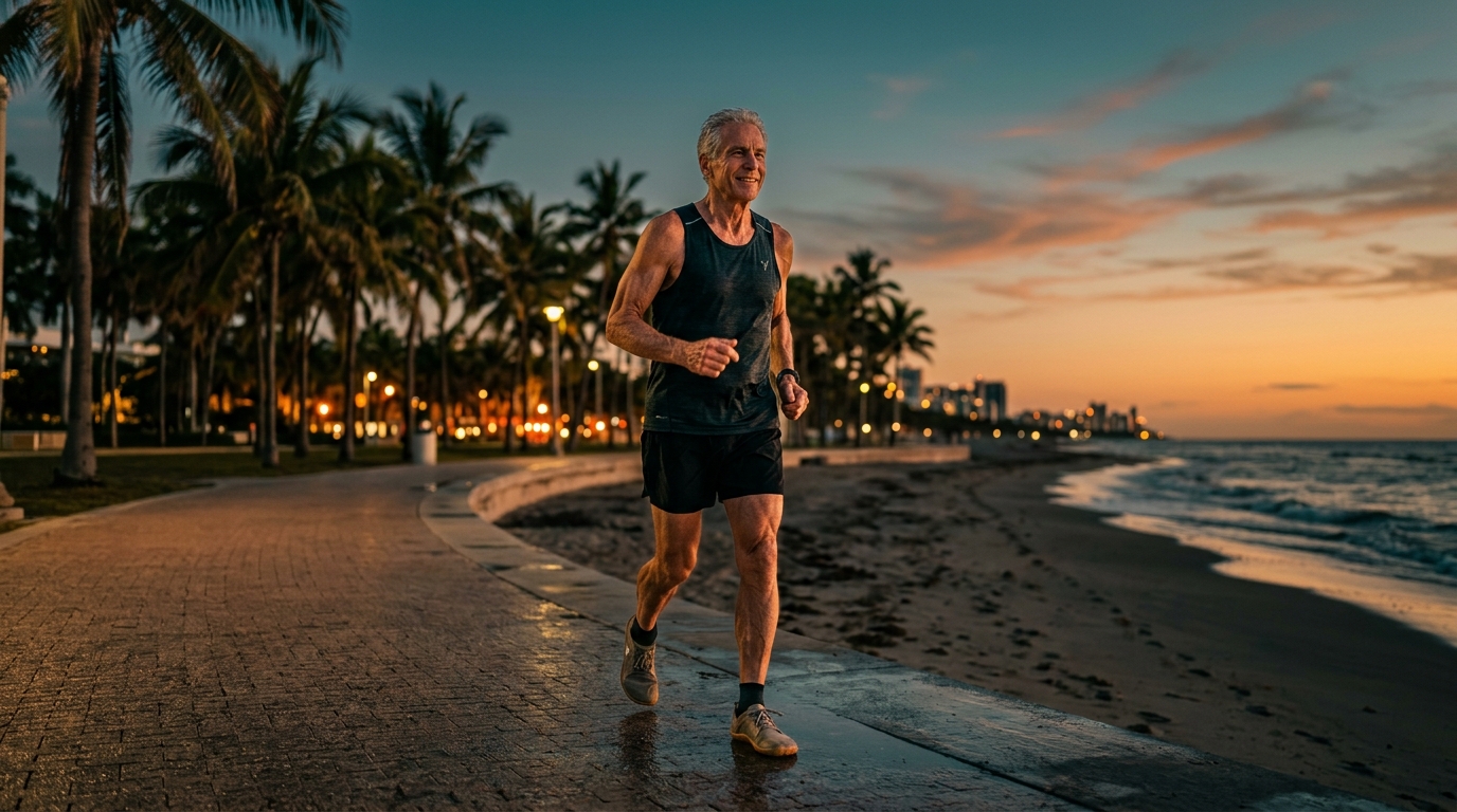 Mark Sisson, 73, walking at dusk — proof that minimum effective dose beats maximum effort