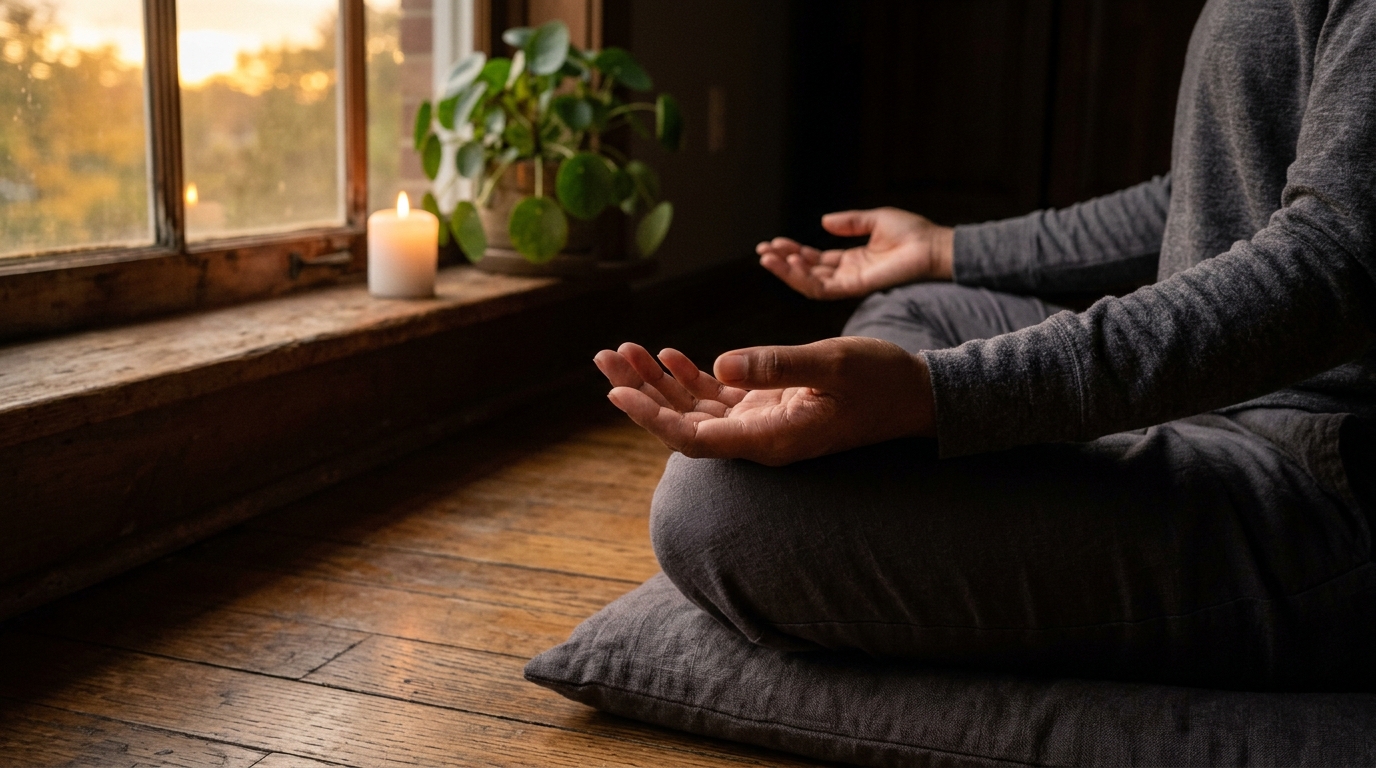 Hands resting open in stillness — the nervous system reset that stress management requires