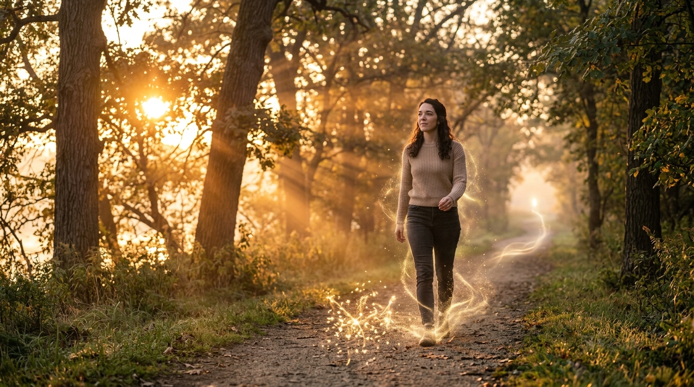 Person walking forward at sunrise — next move with spirit guidance Person walking forward at sunrise — next move with spirit guidance