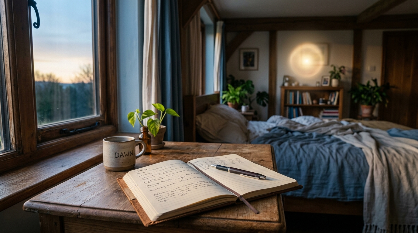 Open journal on bedside table at dawn — receiving spirit signs and guidance Open journal on bedside table at dawn — receiving spirit signs and guidance