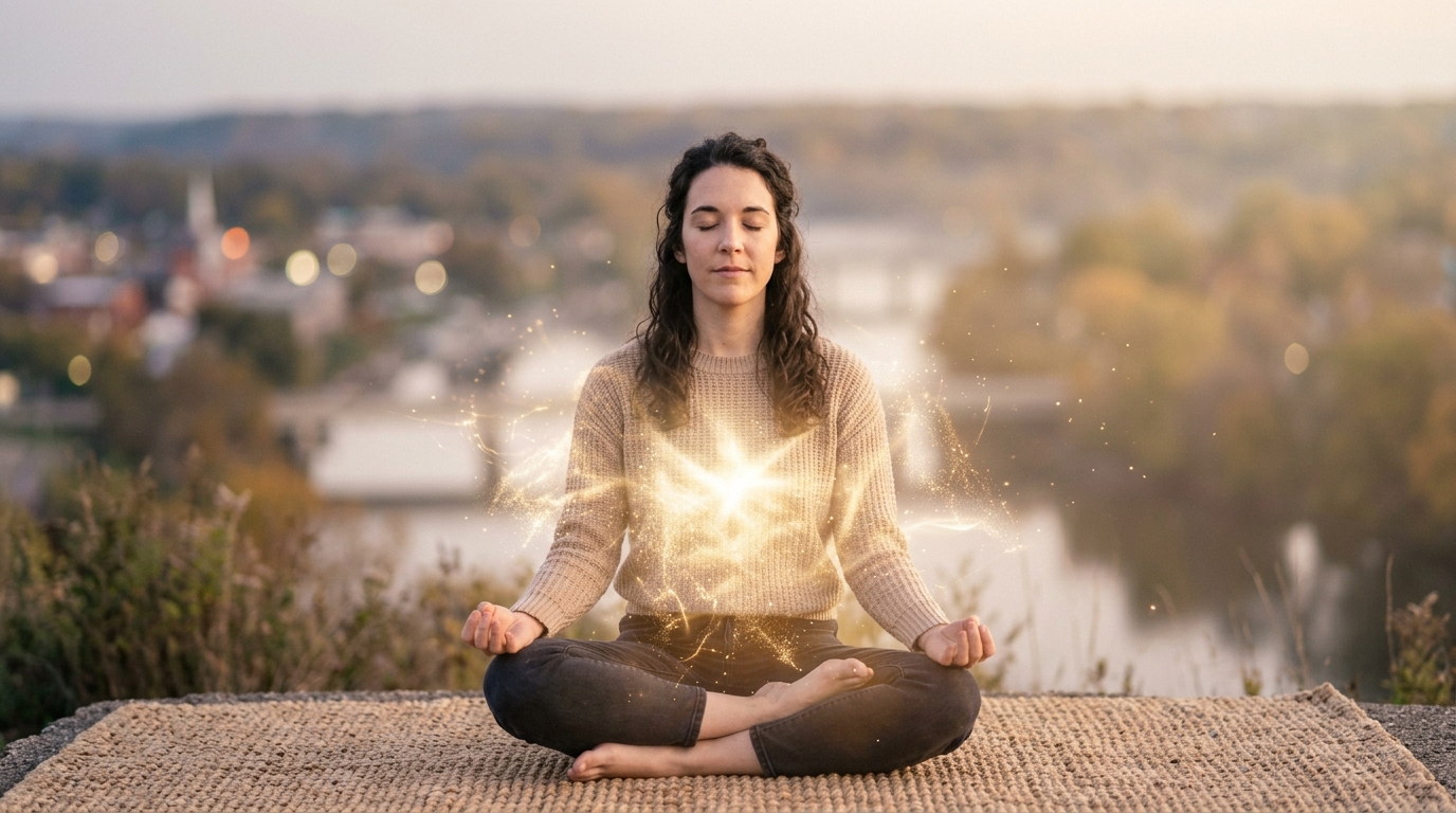 Person meditating with expanding light — sitting in the power practice Person meditating with expanding light — sitting in the power practice
