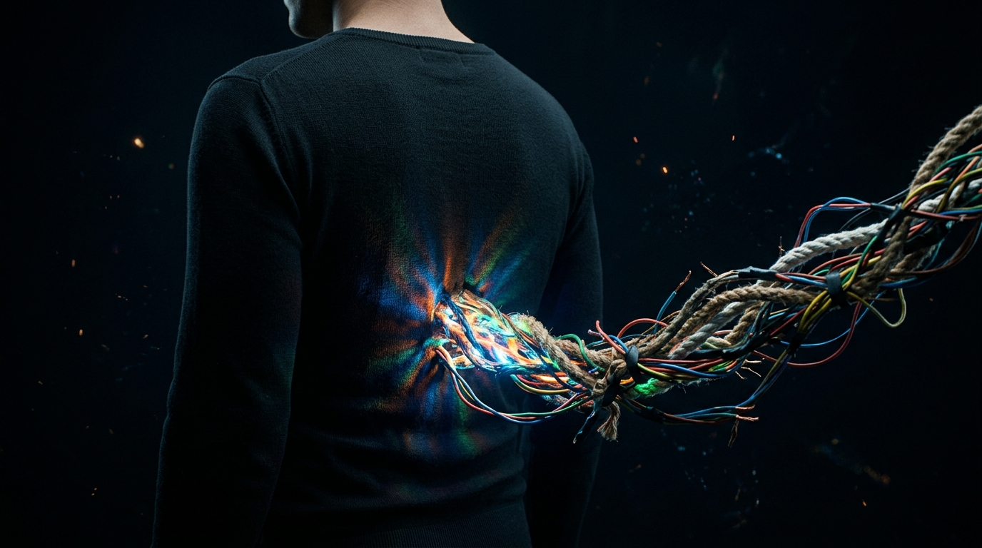 A close-up of a person's solar plexus with a complex, multi-threaded energetic cord extending outward. A close-up of a person's solar plexus with a complex, multi-threaded energetic cord extending outward.