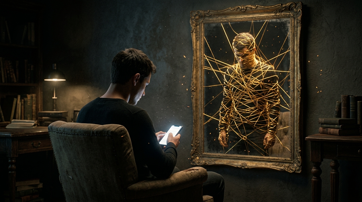 A person in a dark room, trapped by glowing energetic cords, representing the trap of holding onto resentment. A person in a dark room, trapped by glowing energetic cords, representing the trap of holding onto resentment.