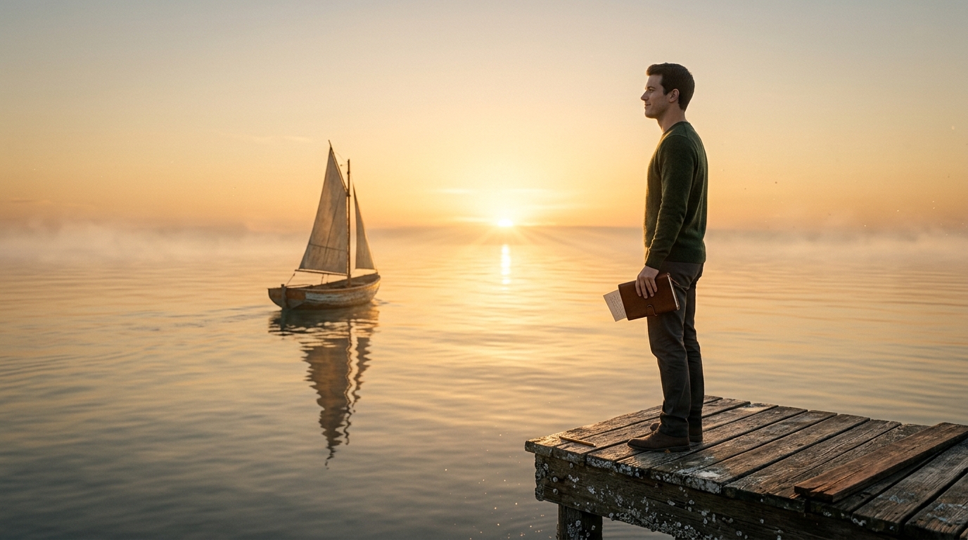 A person watching a boat sail away at sunrise, symbolizing the release of energetic cords and resentment. A person watching a boat sail away at sunrise, symbolizing the release of energetic cords and resentment.