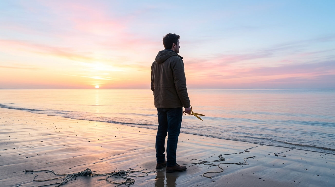 A person standing on a beach at sunrise, ready to cut energetic cords and release resentment for good. A person standing on a beach at sunrise, ready to cut energetic cords and release resentment for good.