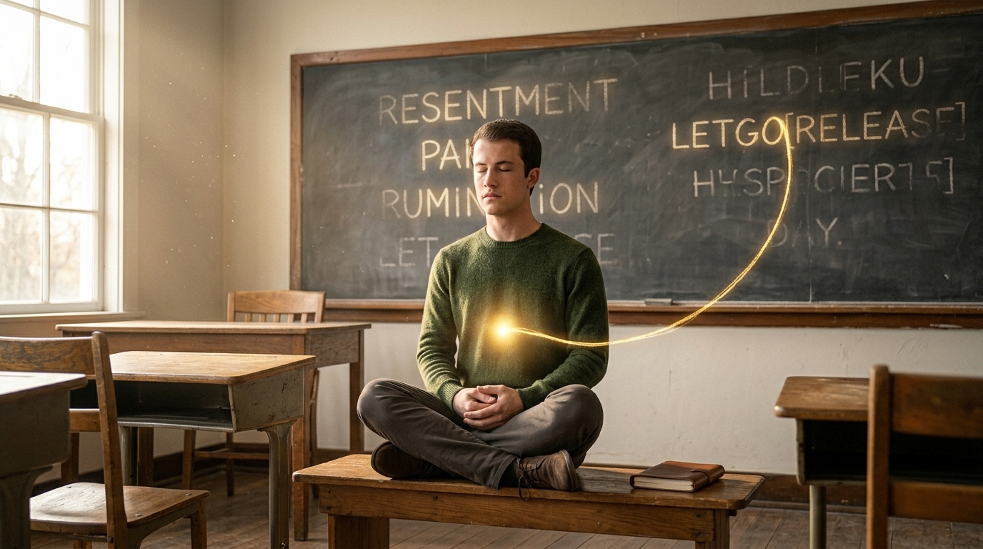 A person meditating in a sunlit classroom with a chalkboard, glowing golden cord returning to their solar plexus, symbolizing cord-cutting and energetic release. A person meditating in a sunlit classroom with a chalkboard, glowing golden cord returning to their solar plexus, symbolizing cord-cutting and energetic release.