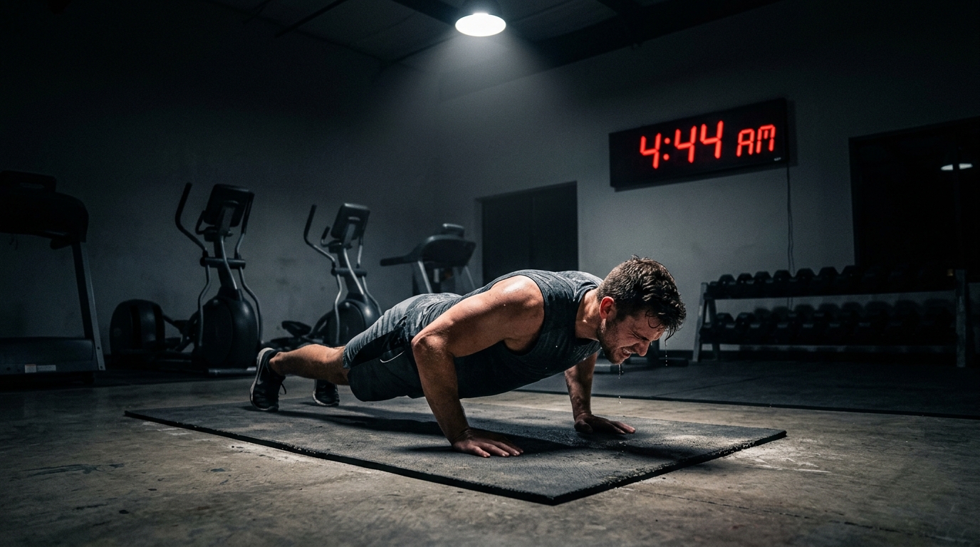Person exercising alone in empty gym at dawn representing discipline when no one is watching. Person exercising alone in empty gym at dawn representing discipline when no one is watching.