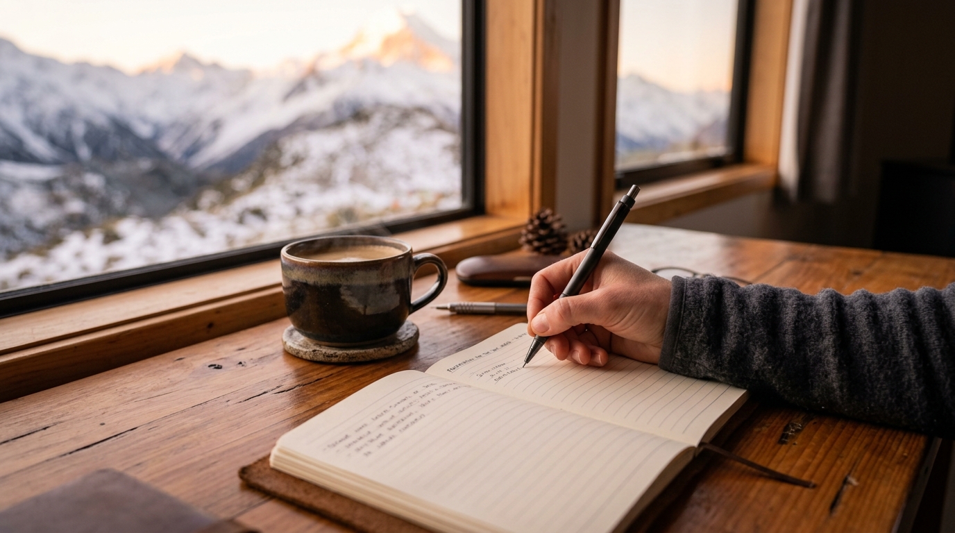 Hand writing in journal during morning theta window for daily accountability practice. Hand writing in journal during morning theta window for daily accountability practice.