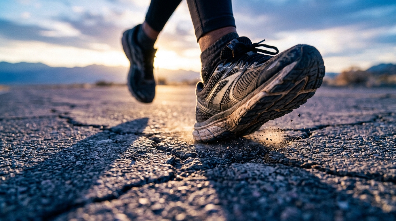 Worn running shoes hitting pavement at dawn symbolizing daily discipline and action. Worn running shoes hitting pavement at dawn symbolizing daily discipline and action.