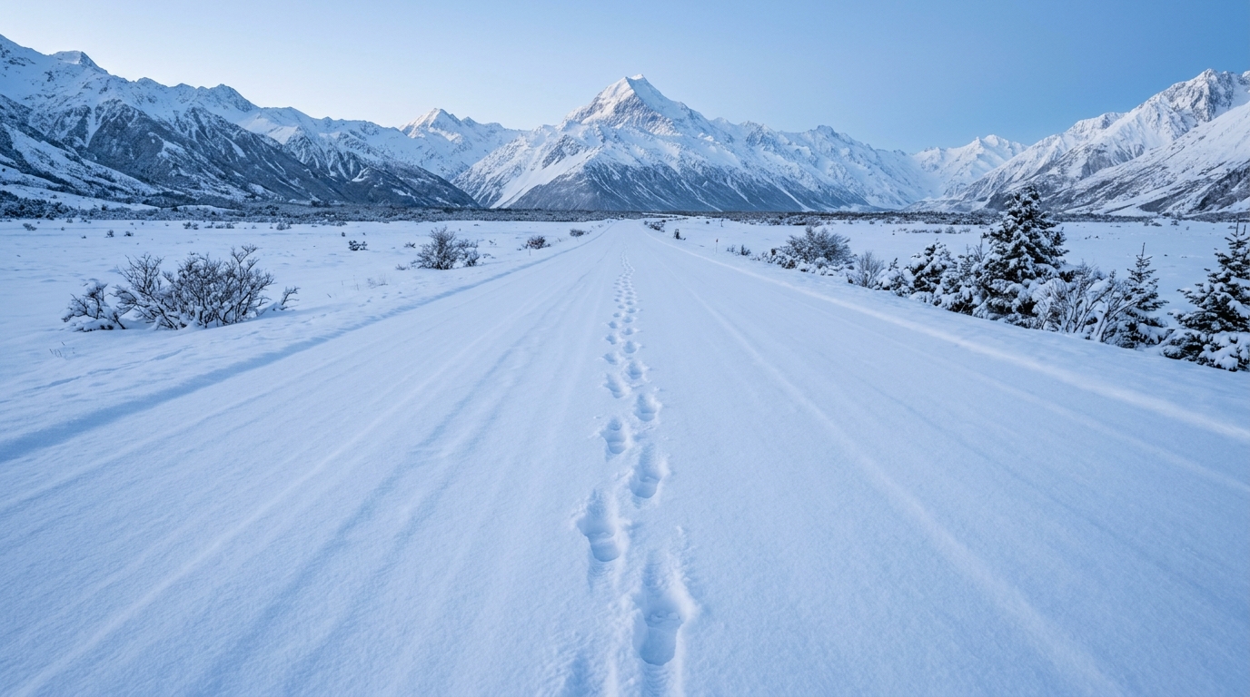 Single footprints in fresh snow on empty road symbolizing the lonely last mile of success. Single footprints in fresh snow on empty road symbolizing the lonely last mile of success.